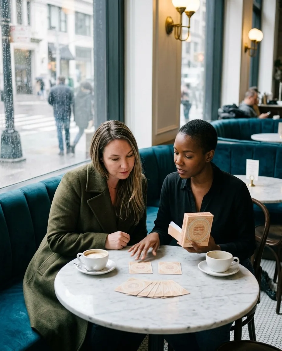 Two women at a marble cafe table with the deck fanned out between their coffee cups