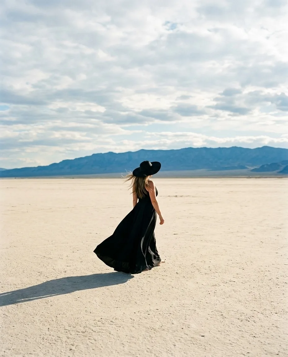 A figure walking alone across a wide pale desert plain in a long black dress