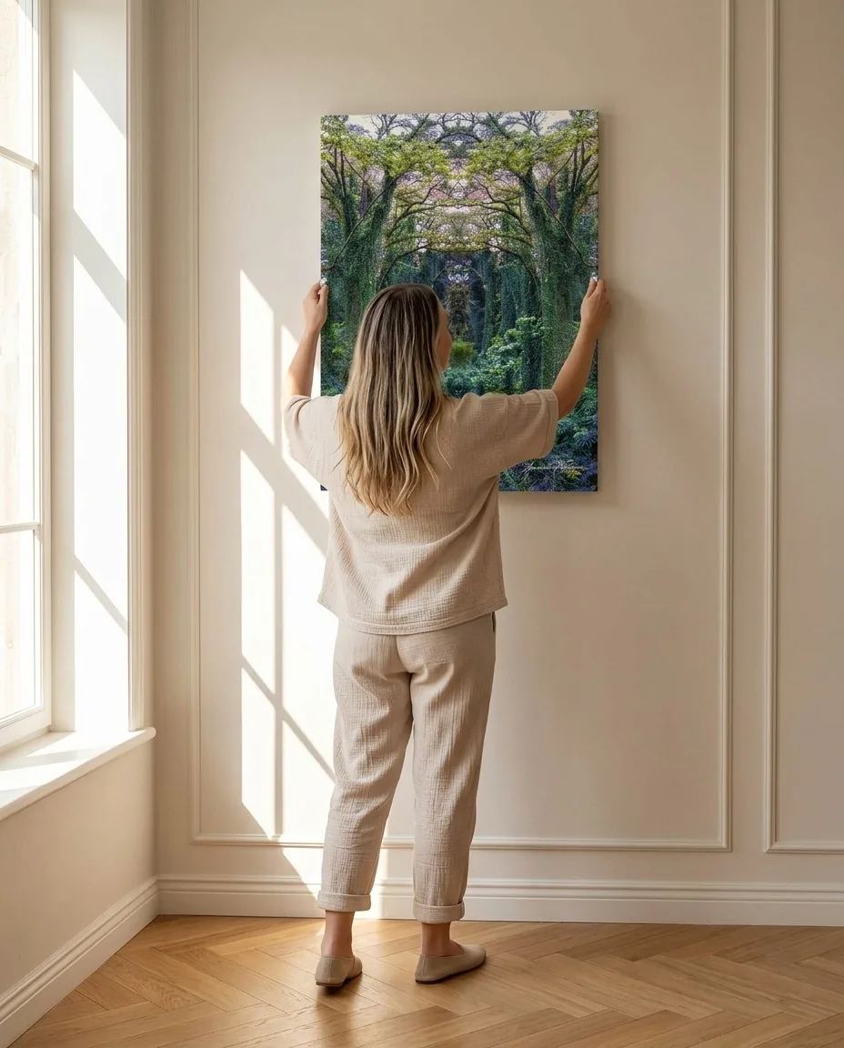 Gurudarshan hanging one of her mirrored pieces on a pale panelled wall