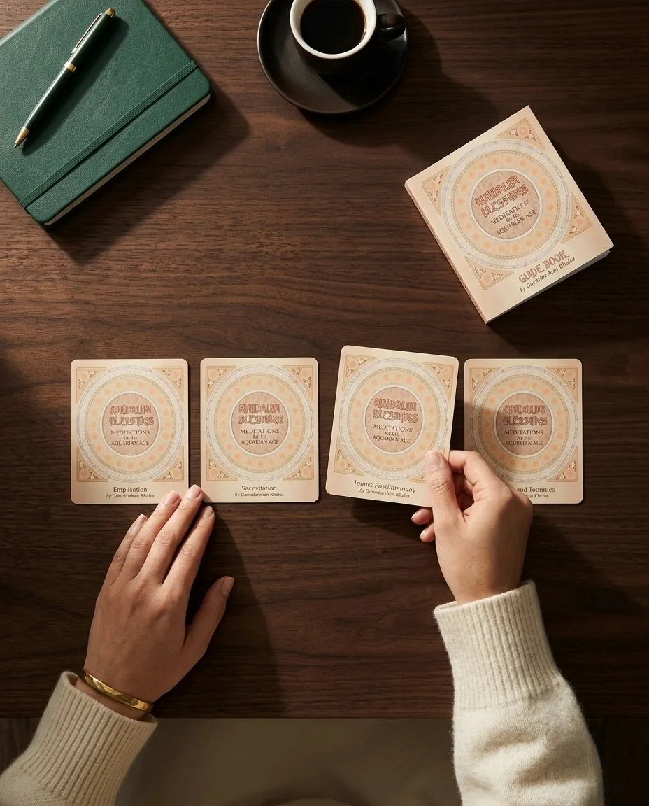 Four Kundalini Blessings cards laid out on a walnut table, two pairs of hands either side of the spread