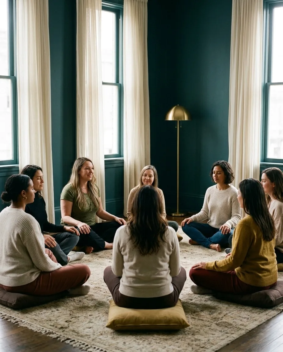 Eight women sitting in a circle on cushions in a teal room, practising together
