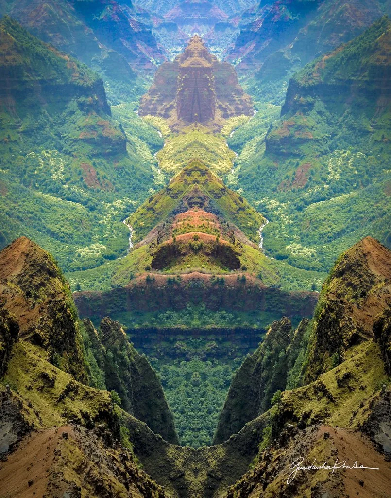 Waimea Canyon — mirrored red canyon walls and green ridge